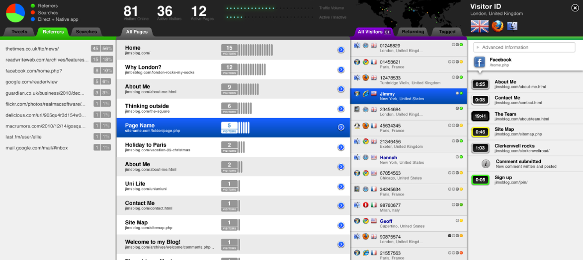 GoSquared LiveStats 3 - Event tracking shown on the far right