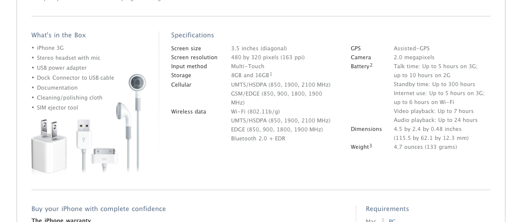 iPhone 3G Specs from Apple Store