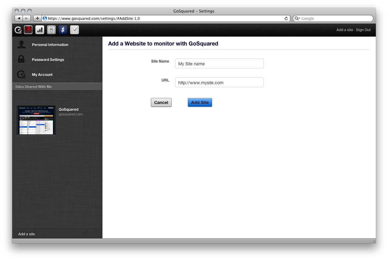 GoSquared - Settings - Add a Site