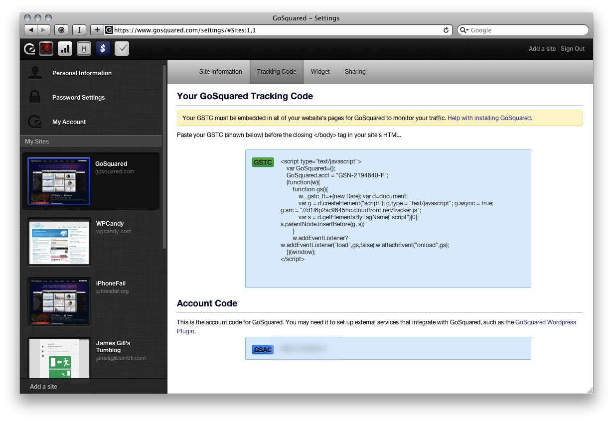 GoSquared Settings - copy your GoSquared Tracking Code