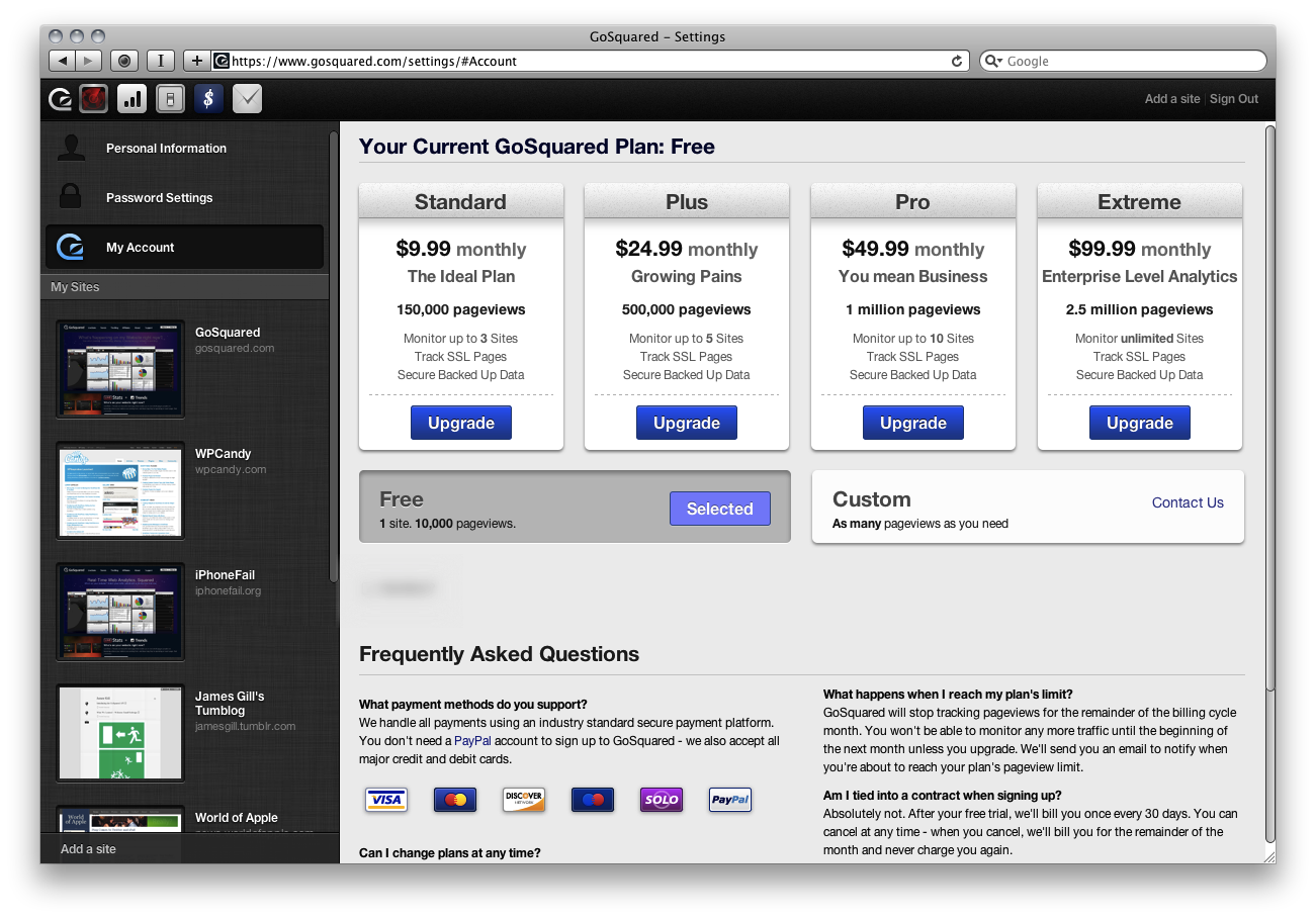 Upgrade or downgrade your GoSquared account at any time in Settings