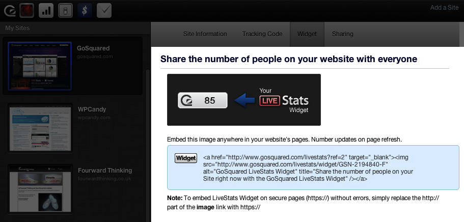 Widget tab in Site Manager