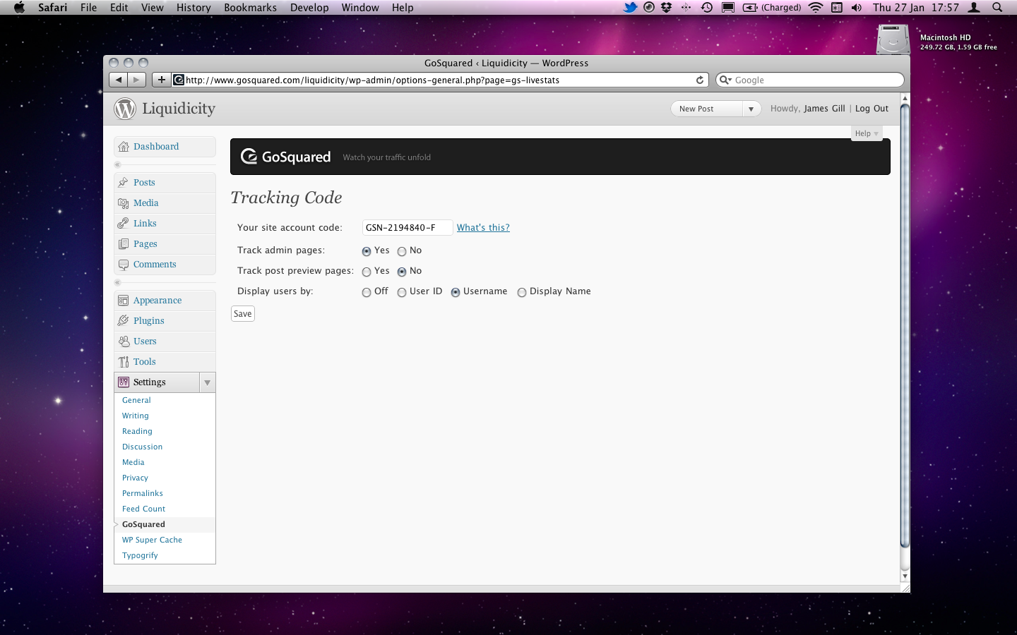 Screenshot of the GoSquared for Wordpress Plugin