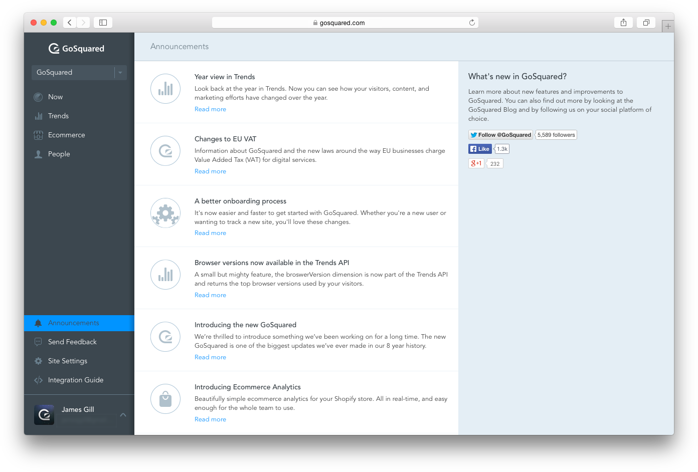 Screenshot of the new Announcements feature in GoSquared