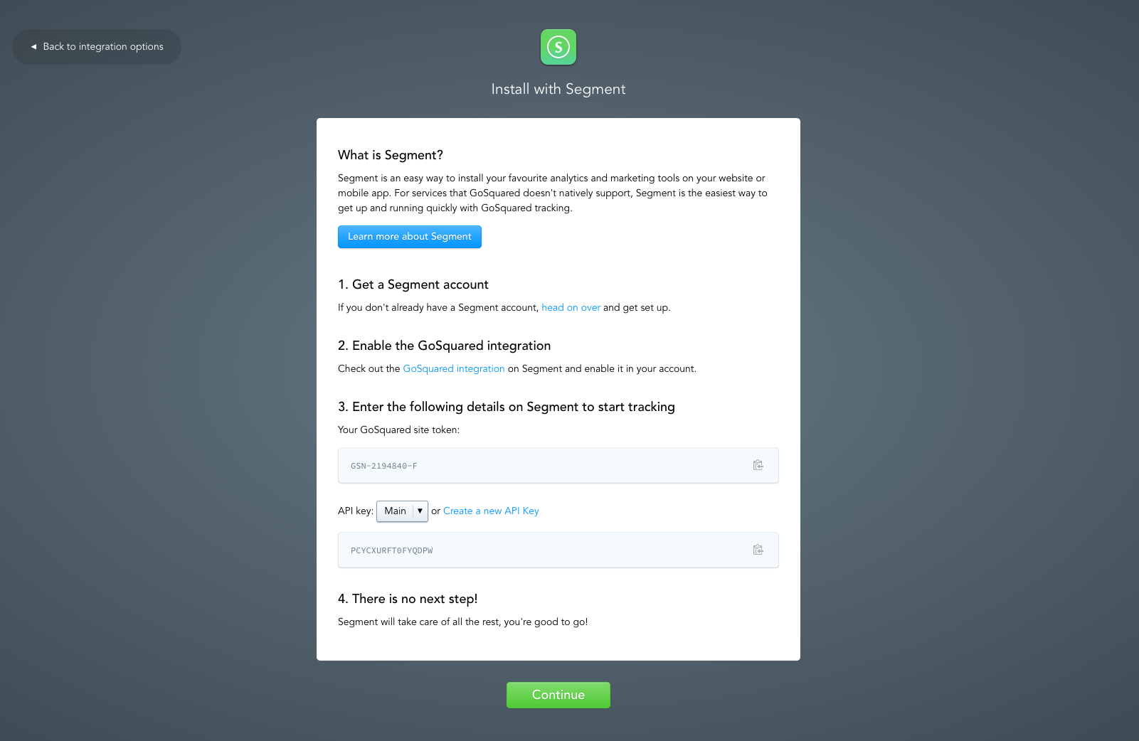 GoSquared Integration Guide view for Segment