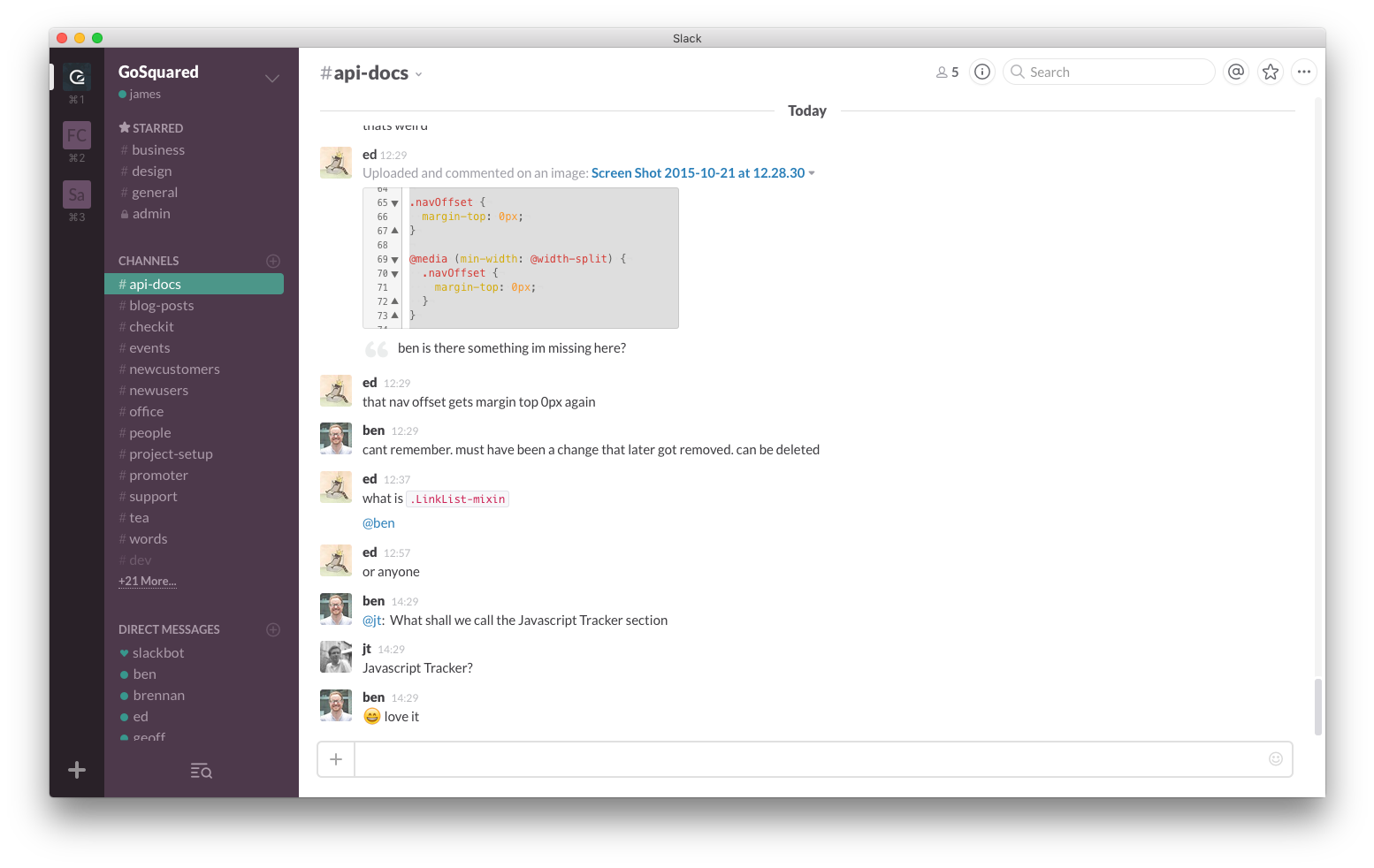 Screenshot of Slack in use at GoSquared