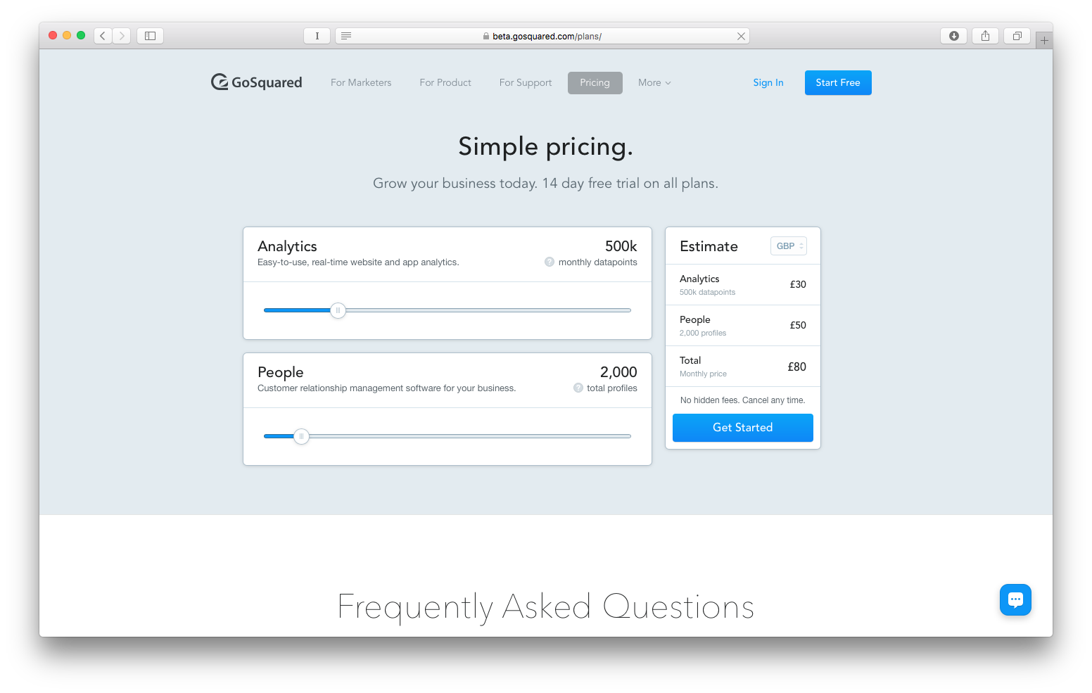 GoSquared pricing page 2016