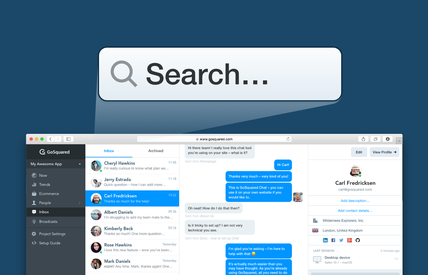 Search for Live Chat conversations in GoSquared Inbox