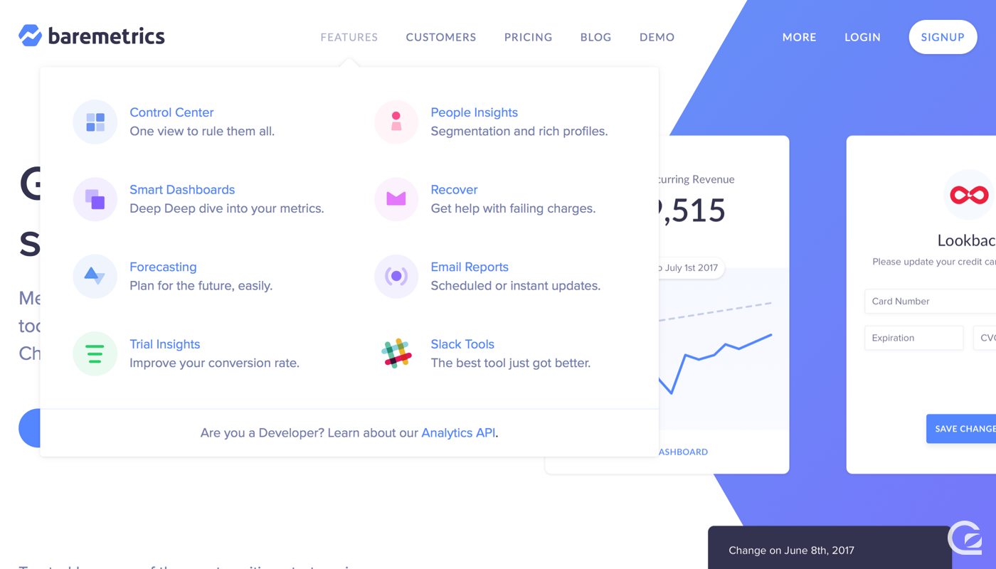 Baremetrics website navigation