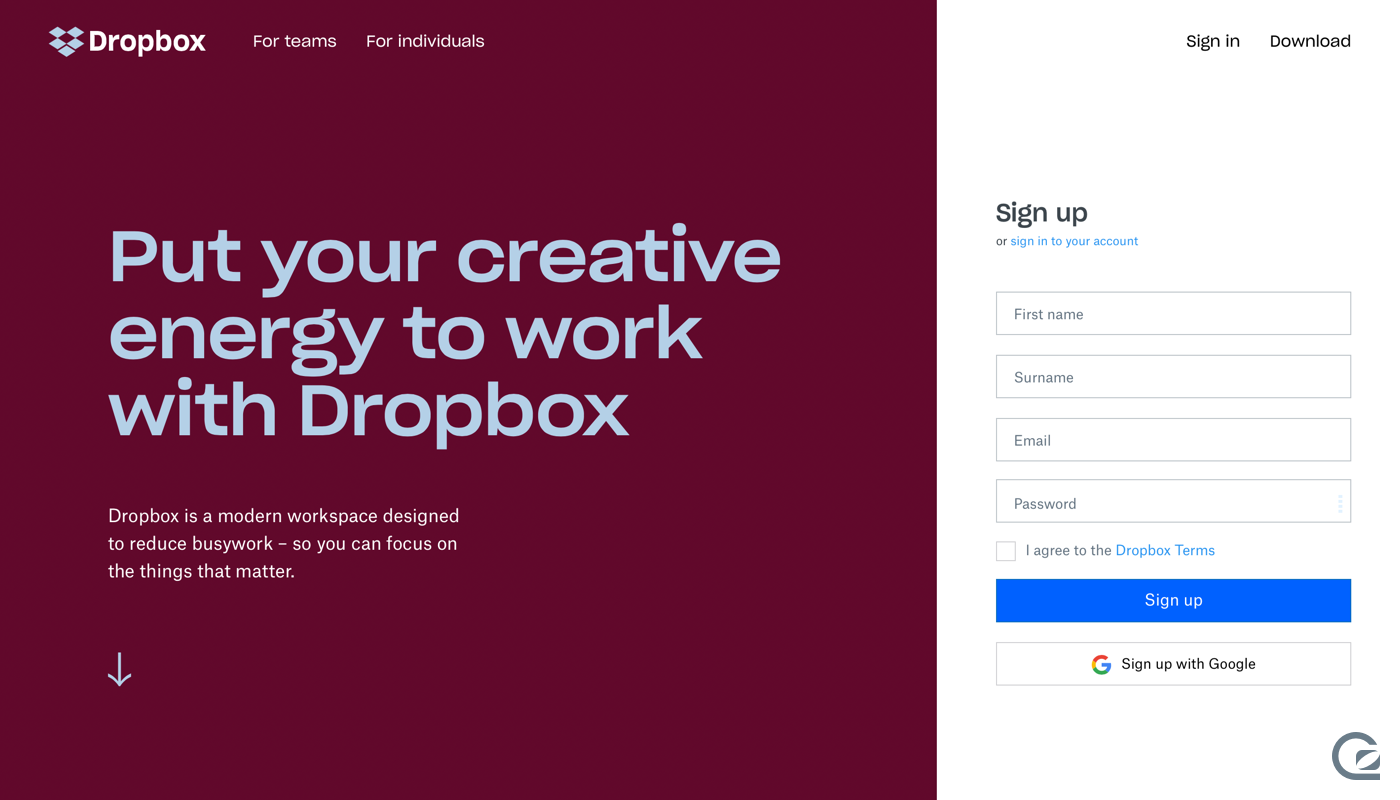 Dropbox website navigation