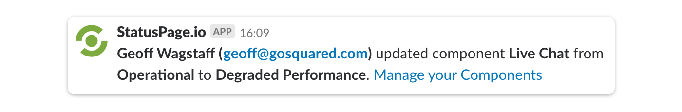 a screenshot of the status page integration to slack