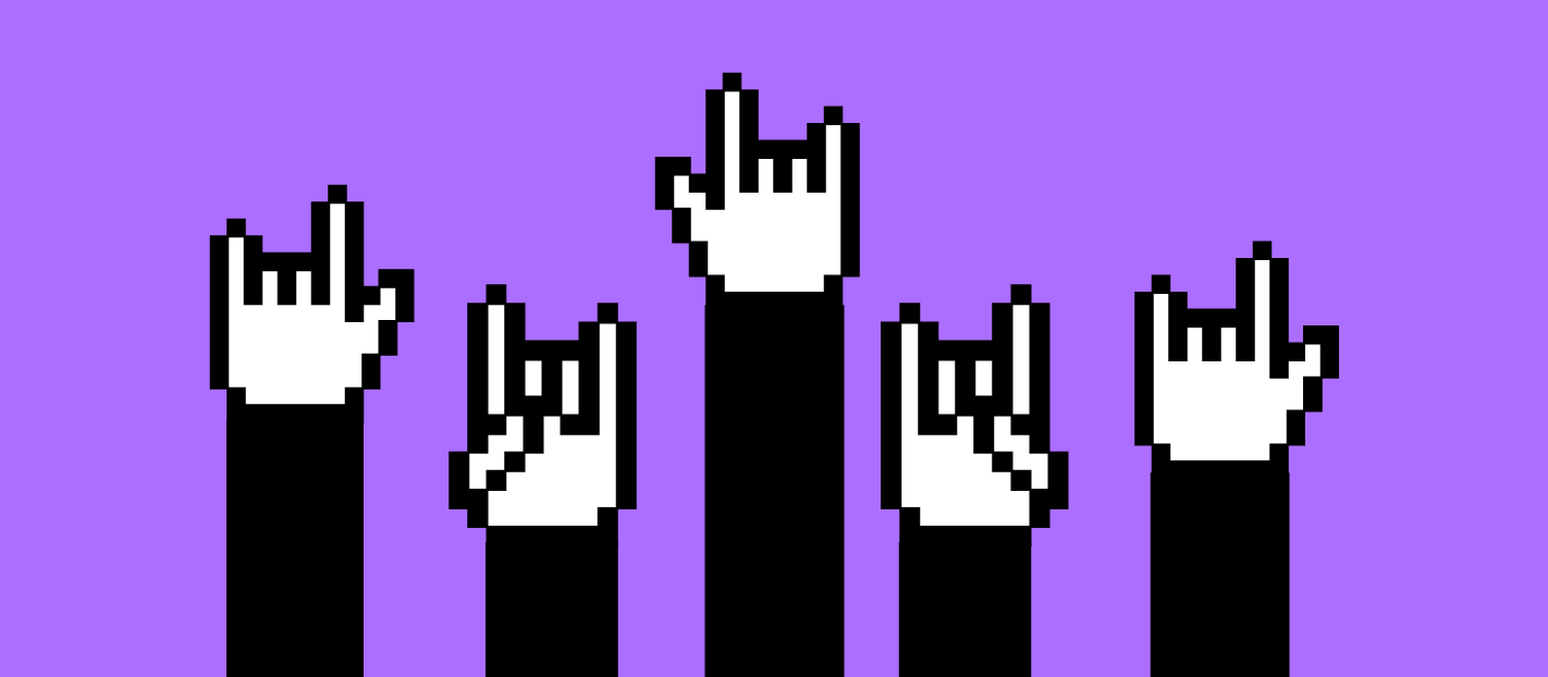 rebellious pixellated hands on a bright purple background