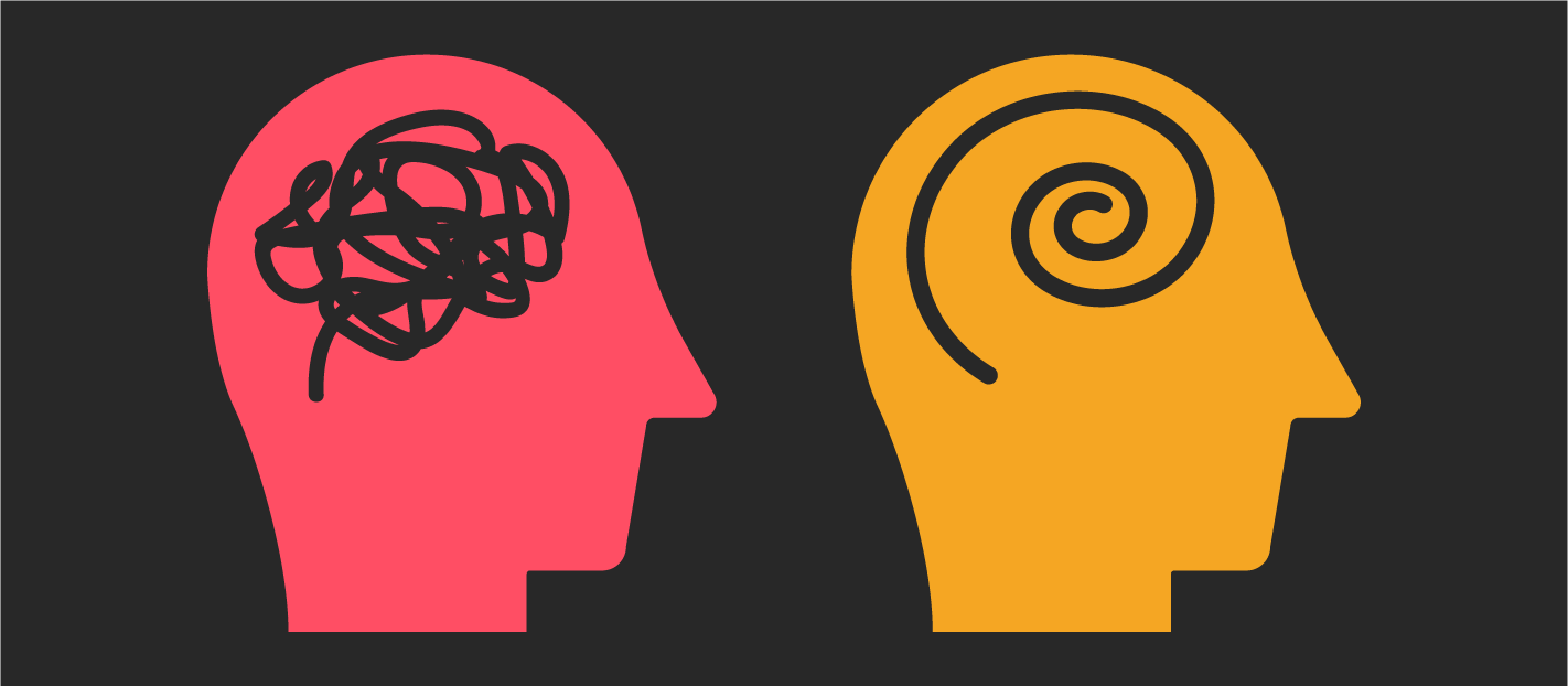 two illustrated heads on a dark background showing context in one and not in the other